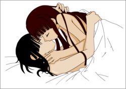 2girls arm arms artist_request bare_shoulders bed bed_sheet black_hair breast_press breasts brown_hair closed_eyes covering cowgirl_position female hime_cut hug kissing konoe_konoka long_hair lying mahou_sensei_negima mahou_sensei_negima! multiple_girls mutual_yuri naked_sheet nude nude_cover on_back sakurazaki_setsuna small_breasts under_covers yuri