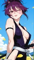 :p ;p ai_generated arm_behind_back arm_strap armband artist_name bandaged_arm bandages bangs bare_hips bare_shoulders blue_sky blush breasts cherry_blossoms cleavage cloud covered_nipples day dress facial_mark facial_tattoo female female_only field flower flower_field gabimaru hair_between_eyes hair_flower hair_ornament hip_vent holding holding_sword holding_weapon japanese_clothes jigokuraku katana large_breasts looking_at_viewer medium_breasts mountain ninja no_bra one_eye_closed outdoors patreon patreon_logo patreon_username petals pink_eyes ponytail purple_eyes purple_hair red_eyes sash sheath sheathed short_hair sky sleeveless smile solo sword tattoo tongue tongue_out watermark weapon wienergens yuzuriha_(jigokuraku)