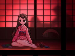 1boy 2girls barefoot brown_eyes brown_hair censored convenient_censoring doggy_style door feet female floor japanese_clothes kimono long_hair looking_at_viewer multiple_girls night origami sex shadow sitting