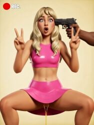 1boy 1girls 3d ai_assisted dark-skinned_male defeated double_peace_sign double_v exposing femsub filming fortnite fortnite:_battle_royale gun h3ntai_s3npai heroine_in_trouble humiliation latex latex_clothing latex_skirt maledom microskirt peace_sign peeing pink_latex pistol recording recording_video sabrina_carpenter sabrina_carpenter_(fortnite) scared scared_but_exited shocked skirt spread_legs squatting submissive_female urination urine urine_stream v_sign