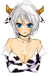 :q animal_ears aqua_eyes bare_shoulders blue_eyes breasts cleavage copyright_request cow_ears cow_girl cow_print cum cum_on_body cum_on_breasts cum_on_upper_body holstaurus horns large_breasts short_hair tongue weda_(artist) white_hair yokoyari_mengo