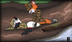 anthro army_uniform canid canine charliebnnuy clothing dirty duo filth fox from_behind_position hi_res male male/male mammal moan mud nature outside river sex smile uniform