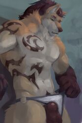 abdominal_tattoo absurd_res animal_genitalia animal_penis anthro arm_markings arm_tattoo ass back_tattoo balls body_hair body_tattoo brown_arms brown_body brown_fur brown_hair canid canine canine_genitalia canine_penis canis cheek_tuft chest_tattoo clothing clothing_pull digital_media_(artwork) ear_tuft facial_tuft fluffy fur genitals gloves_(marking) hair happy_trail hi_res jockstrap kinokami leg_markings long_hair looking_at_genitalia looking_at_penis loose_hair male male/male mammal markings multicolored_body multicolored_fur muscular muscular_anthro muscular_male navel navel_tattoo nipple_tattoo nipples nude penis pubes pubic_tattoo rib_tattoo roy_beedrill sheath simple_background solo tail tan_body tan_fur tattoo tattoo_on_shoulder torso_length_tattoo tribal tribal_tattoo tuft underwear underwear_pull waist_tattoo wolf