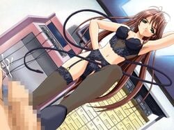 bondage breasts brown_hair censored cum dominatrix feet femdom footjob green_eyes iwasaki_kouji long_hair malesub midriff penis shoejob very_long_hair whip whipping