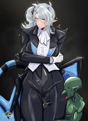 1girls absurd_res arias_the_labrynth_butler blue_eyes blush breasts demon demon_girl demon_horns demon_wings duel_monster embarrassed female female_only goblin grabbing groping groping_through_clothes hand_on_breast hand_on_leg hand_on_thigh indoors interspecies konami large_breasts legs licking licking_thigh light_skin looking_down monocle nervous nude ophimon pointy_ears ponytail saliva size_difference standing thighs uncensored uncomfortable uniform white_hair wings yu-gi-oh!
