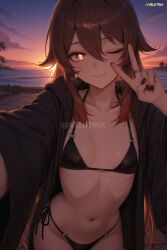 ai_generated androgynous bangs beach big_ass bikini black_bikini black_jacket black_nails blush breasts brown_hair closed_mouth collarbone cowboy_shot curvy curvy_figure femboy femboy_focus femboysub feminine_body feminine_faced_male feminine_male feminine_pose feminization flat_chest flower-shaped_pupils genderswap_(ftm) genderswap_(mtf) genshin_impact hair_between_eyes halterneck heavy_breathing hu_tao_(genshin_impact) jacket jewelry long_hair long_sleeves looking_at_viewer male_focus nail_polish navel o-ring o-ring_bikini ocean one_eye_closed open_clothes open_jacket otoko_no_ko outdoors paid_reward_available red_eyes ring selfie side-tie_bikini_bottom sidelocks sissy sky small_breasts smile solo star-shaped_pupils stomach string_bikini sunset sweat sweatdrop sweating sweaty sweaty_body swimsuit symbol-shaped_pupils thick_thighs thighs tiny_male trap twink twintails v velutinx very_long_hair watermark wet wet_skin wide_hips