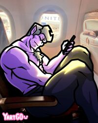 1boy 2025 airplane airplane_interior airplane_seat ass_outline bara body_hair cellphone chest_hair chest_tuft daddy daddy_dearest demon dilf fnf friday_night_funkin gay gay_male high_resolution highres humanoid male male_only mature_male muscles muscular muscular_arms muscular_male no_visible_genitalia pecs purple_skin seated shirtless shirtless_male sleeping smiling solo solo_male stubble tight_clothing twitter yaoi yartgo