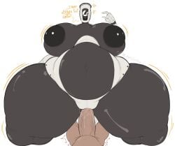 1boy 1girls belly big_belly big_breasts breedable_hips cyclops dominant_female glados huge_cock hyper_thighs just_coffee mini_giantess movement_lines nipple_piercing penis pierced_nipples piercing pinching_gesture portal_(series) robot robot_girl size_difference size_talk small_penis_humiliation text thick_thighs thighs valve veiny_penis