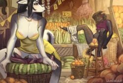 2026 4_toes ambiguous_anthro ambiguous_feral ambiguous_gender anthro anthro_focus apron areola areola_slip artica_(lameboast) artist_name bangs basket big_breasts biped black_body black_ears black_fur black_hair black_nose black_tail blush bodily_fluids bok_choy bottomwear bottomwear_around_one_leg bottomwear_down breasts canid canine canis carrot claws cleavage clitoral_hood closed_eyes clothed clothed_anthro clothed_female clothing clothing_around_one_leg cobblestone container crate crop_top cucumber curly_hair day detailed_background digitigrade domestic_cat domestic_dog dress duo_focus ears_down eggplant eyelashes facial_piercing farmers_market feet felid feline felis female female_anthro female_focus feral flower food fruit fur furniture garlic genital_fluids genitals gold_(metal) gold_jewelry gold_necklace gold_piercing grape group hair hi_res humanoid_genitalia humanoid_vulva husky hybrid jewelry lameboast lavender_(flower) leek lemon long_hair looking_aside mammal market melon mouth_closed multicolored_body multicolored_fur navel necklace nordic_sled_dog nose_piercing nose_ring onion open_mouth orange_(fruit) outside piercing pink_areola pink_nose pivoted_ears plant public public_exposure pupils purple_clothing purple_crop_top purple_ear_piercing purple_shirt purple_topwear raised_clothing raised_dress raised_leg red_eyes ring_piercing rope septum_piercing septum_ring shaded shirt shorts shorts_around_one_leg sign sitting snout spitz spread_legs spreading stool strife_(lameboast) surprised tail text toe_claws toes topwear two_tone_body two_tone_fur two_tone_nose two_tone_tail vaginal_fluids vegetable vulva white_body white_bottomwear white_claws white_clothing white_fur white_inner_ear white_shorts white_tail wolfdog yellow_body yellow_clothing yellow_dress yellow_fur yellow_tail