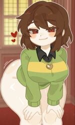 1girls :3 ai_generated bending_forward bending_over bent_forward bent_over big_hips big_thighs boobies boobs bottomless bottomless_female breasts chara chara_(undertale) chubby chubby_female dancing fat_ass female female_only hands_on_knees heart_symbol hearts hearts_around_head hips honeybunn14 looking_at_viewer seductive seductive_eyes seductive_look seductive_smile shaking_ass solo thighs tits titties twerking undertale