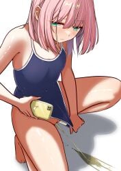 absurdres blue_one-piece_swimsuit blush bob_cut cellphone closed_mouth clothes_pull clothing_aside commentary_request female from_above full_body green_eyes highres holding holding_phone keisuke309 looking_at_viewer one-piece_swimsuit one-piece_swimsuit_pull original pee_puddle peeing phone pink_hair pulling_own_clothes pussy shadow short_hair simple_background smartphone solo squatting swimsuit swimsuit_aside uncensored urine white_background