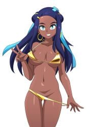 1girl absurdres alexkonakona alternate_costume ass_visible_through_thighs bikini bikini_tug black_hair blue_eyes blue_eyeshadow blue_hair breasts cleavage collarbone commentary cowboy_shot dark-skinned_female dark_skin earrings eyelashes eyeshadow female female_only game_freak gold_bikini gold_swimsuit gold_swimwear golden_bikini golden_swimsuit golden_swimwear golden_week grin happy highres hoop_earrings jewelry makeup multicolored_hair navel nessa_(pokemon) nintendo pokemon pokemon_ss pokemon_sword_and_shield pokemon_swsh smile solo spread_fingers swimsuit teeth thigh_gap two-tone_hair v