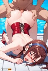 1boy 1boy1girl 1girls ahe_gao ai_generated ass ass_grab blue_eyes blush bottomless breast_press breasts brown_hair clothed_female_nude_male corset cross-laced_clothes doggy_style female glasses hairband hi_res high_heels large_breasts long_hair makinami_mari_illustrious mari_illustrious_makinami neon_genesis_evangelion nude open_mouth penis pool poolside red-framed_eyewear red_footwear rule34lab saliva sex sex_from_behind solo_focus straight tongue tongue_out top-down_bottom-up twintails water