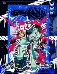 1other ;d abstract_background absurdres animal_ears blood blue_border border box cat_ears claws cleaver commentary disembowelment english_commentary esrb femtanyl_(musician) frenzzy_soda full_body furry graffiti guro highres holding holding_tongs intestines knife_in_head lightning_bolt_symbol looking_at_viewer object_through_head oerba_yun_fang one_eye_closed other_focus parental_advisory skin_fang smile solo standing symbol-shaped_pupils token_(femtanyl) tongs