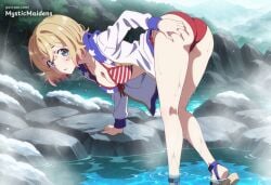 ai_generated american_flag_bikini anime anime_style ass ass_grab bent_over bikini blonde_hair blue_eyes blush breasts cleavage fanbox_username female flag_print grabbing_own_ass hand_on_own_ass hentai hi_res hood hooded_jacket jacket kanojo_okarishimasu long_sleeves looking_at_viewer looking_back medium_breasts mystic_maidens nanami_mami onsen open_clothes open_jacket outdoors patreon patreon_username red_bikini rock sandals short_hair solo swimsuit water wet white_jacket