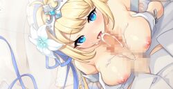 1boy 1boy1girl 1girl after_cum blonde_hair breasts censored clothed cum cum_drip cum_dripping cum_dripping_down_chin cum_in_mouth cum_on_chin dress game_cg gloves hair_ornament jeanne_d'arc_(legend_clover) large_breasts legend_clover_x long_hair mosaic_censoring nipples open_clothes open_dress paizuri penis straight_hair tiara tied_hair wedding_dress wedding_tiara