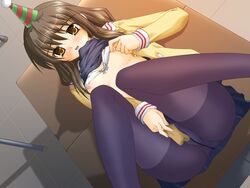 blush bra breasts brown_eyes brown_hair clannad classroom clothed_masturbation clothing desk flat_chest hat ibuki_fuuko lingerie long_hair lying masturbation nipples open_mouth panties panties_under_pantyhose pantyhose party_hat satomi_hidefumi school_uniform small_breasts underwear