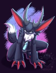 2026 3_claws absurd_res animal_genitalia animal_penis ankle_tuft anthro anthrofied antlers arm_tuft backsack balls big_claws biped black_body black_fur black_hair blue_background blue_eyes blue_nose blue_penis claw_fingers claws crouching curved_horn digital_drawing_(artwork) digital_media_(artwork) digitigrade dipstick_tail disapproval feline_genitalia feline_penis femboy fluffy fluffy_tail fur genitals glowing glowing_eyes gradient_background hair hi_res horn lagomorph leg_tuft leporid long_ears loupmoon male male_anthro mammal markings multicolored_body multicolored_fur neck_tuft nude pal_(species) palworld penile_spines penis pink_background plantigrade pocketpair purple_background purple_spots rabbit red_inner_ear scimitar_horns sharp_horn shoulder_tuft signature simple_background solo spots tail tail_brush tail_markings tasseya thick_thighs tuft two_tone_body two_tone_fur url watermark werecreature werelagomorph wererabbit white_body white_fur