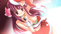 amane_(dream_c_club) amano_yuu bell bell_collar blush bow breasts christmas collar dream_c_club hairbow hat long_hair microphone navel nipple_slip nipples purple_hair red_eyes santa_costume santa_hat wardrobe_malfunction