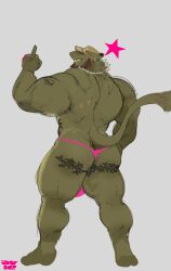 anthro arm_tattoo ass aviesergal back_muscles baseball_cap body_hair bulge bulge_from_behind butt_hair butt_tattoo chains clothing ear_piercing ear_ring facial_piercing gesture green_body hand_gesture hat headgear headwear heart_symbol hi_res jewelry lip_piercing looking_at_viewer looking_back looking_back_at_viewer male middle_finger muscular muscular_arms muscular_legs muscular_male necklace piercing rear_view ring_piercing sergal smile solo star_symbol tail tail_tuft tattoo thong tuft underwear