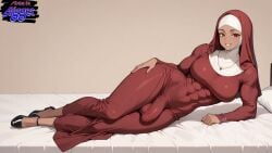 1futa ai_generated big_breasts big_penis bulge bulge_through_clothing bulge_under_clothes dark-skinned_futa dress flaccid flaccid_penis futanari hijab laying_on_bed muscular on_bed