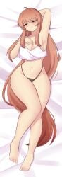 1girl 1girls :3 ahoge armpits arms_up bangs big_thighs black_panties black_thong blush blushing blushing_at_viewer blushing_female breasts brown_hair child_bearing_hips cleavage covered_breasts covered_nipples crop_top cropped_tank_top dakimakura doki_doki_literature_club eye_contact female female_focus female_only g-string green_eyes hair_down hand_behind_head hand_on_breast legs legs_crossed long_hair looking_at_viewer medium_breasts midriff midriff_baring_shirt monika_(doki_doki_literature_club) narrow_waist navel no_bra pale-skinned_female pale_skin panties raionart sideboob sidelocks smooth_armpits solo solo_female solo_focus spaghetti_strap tagme tank_top thick_thighs thighs thong toes underwear very_long_hair waist white_sheets white_shirt white_tank_top wide_hips