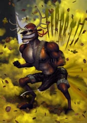 2023 anthro antlers bambo barefoot bent_legs big_muscles big_pecs biped black_hooves black_nipples black_nose bodily_fluids bottomwear brown_body brown_fur bulge butt camo clenched_teeth clothed clothing colored crouching cum deer deer_avenger detailed digital_drawing_(artwork) digital_media_(artwork) digitigrade ejaculation erection erection_under_shorts falling_leaves fart fart_cloud fart_fetish feet fingers fist forest fur gas gas_cloud genital_fluids genitals grass green_fart_cloud green_gas_cloud headgear headkerchief headwear hi_res hooved_fingers hooves horn humanoid_hands kerchief leaf lines_on_body macho male mammal military_shorts motion_lines multicolored_body multicolored_fur muscular muscular_anthro muscular_male nipples outside pecs penis pinup plant pose red_headkerchief red_kerchief shaded shorts smile solo squatting_pose standing tan_body tan_fur teeth ten-kun throbbing throbbing_penis top_heavy topless topless_anthro topless_male tree two_tone_body two_tone_fur what wide_hips wiggle_lines