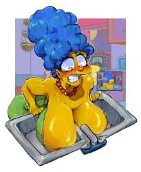 1girls 20th_century_studios 5_fingers alternate_breast_size artist_signature bare_shoulders big_breasts blue_hair blush breast_focus breast_implants breasts busty canonical_scene cleavage deep_cleavage deep_skin disney embarrassed eyelashes female female_only gritted_teeth human jewelry jonymascara leaning_forward looking_down marge_simpson milf nervous nervous_sweat pearl_necklace reddmasc redraw reference_image shiny_breasts shiny_skin sink skindentation solo sweat sweating the_simpsons wide_eyed yellow_body yellow_skin