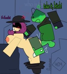 1boy 1boy1girl 2d 2d_(artwork) 2d_artwork angry angry_expression angry_face angry_sex artist_logo ass background balls ballsack blush blushing_female breasts cock female ferman ferman_(robloxian) ferman_404 forsaken forsaken_(roblox) fucking green_skin jane_doe_(forsaken) joke male naked naked_female roblox roblox_game robloxian self_insert sex text thrusting yellow_skin