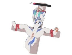 after_anal after_penetration animal_genitalia anthro anus blue_eyes bodily_fluids bondage bound cfsy10 cross crucifixion cum cum_from_ass cum_from_slit cum_in_ass cum_inside dragon erection eye_roll gameplay_mechanics gaping gaping_anus gaping_slit genital_fluids genital_slit genitals hair handpaw hands_above_head hands_tied_above_head hi_res inverted_cross kemono male mythological_creature mythological_scalie mythology pawpads paws penis scalie simple_background slim solo spread_legs spreading tapering_penis three-quarter_view tongue tongue_out white_hair