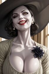 ai_generated alcina_dimitrescu athletic_female black_hair cleavage deergirlfit fangs milf mommy muscular_female pale-skinned_female pale_skin resident_evil resident_evil_8:_village seductive vampire vampire_girl vampire_teeth winking_at_viewer