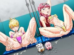 2girls a-10_(artist) barefoot blonde_hair coin coins cum cum_on_lower_body feet female female_only game_cg human magenta_hair multiple_females multiple_girls open_mouth perfect_hole piggy_bank pink_hair sakuragi_megu shiomi_madoka shower soles spread swimsuit toes