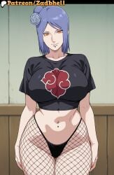 1girls ai_generated ass blue_hair breasts cameltoe curvy curvy_female curvy_figure goth_girl huge_ass huge_breasts konan light-skinned_female light_skin naruto naruto_(series) naruto_shippuden patreon piercing room short_hair smile thong underwear zadbhell