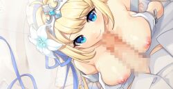 1boy 1boy1girl 1girl before_paizuri blonde_hair breasts censored clothed dress game_cg gloves hair_ornament jeanne_d'arc_(legend_clover) large_breasts legend_clover_x long_hair mosaic_censoring nipples open_clothes open_dress paizuri penis straight_hair tiara tied_hair wedding_dress wedding_tiara
