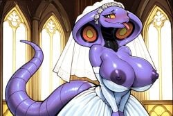 1anthro 1female 1girls ai ai_generated anthro anthro_only arbok armwear big_breasts black_breasts black_fingernails blush breasts breasts_out breasts_out_of_clothes bride bride_veil church church_background church_interior dress female_only frosting.ai game_freak generation_1_pokemon headwear long_tail looking_at_viewer nintendo pink_tongue pokemon pokemon_(species) purple_areola purple_body purple_nipples shiny_skin snake snake_girl snake_head snake_tail snake_tongue solo solo_female standing tail thick_thighs thighs tongue tongue_out wedding wedding_dress wedding_veil white_armwear white_dress white_headwear white_wedding_dress yellow_sclera