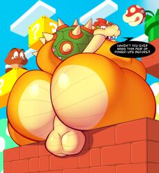 2026 2_horns absurd_res anthro ass backsack balls beetleartz big_butt bowser cloud dialogue digital_drawing_(artwork) digital_media_(artwork) elemental_creature english_description english_text eyebrows flora_fauna genitals goomba green_shell hair hi_res horn koopa looking_back male mario_bros nintendo open_mouth perineum piranha_plant plant question_mark red_eyebrows red_eyes red_hair scales scalie sharp_teeth shell sitting small_tail solo speech_bubble spiked_shell spiked_tail spikes spikes_(anatomy) tail teeth text yellow_body yellow_scales