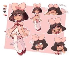bow brown_hair character_sheet dark_skin dress heart-shaped_pupils justspicy mishy_(justspicy) red_underwear reference_sheet ribbon underwear