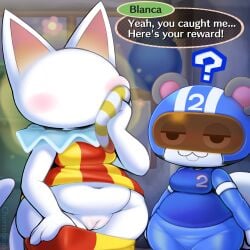 accessory agent_s_(animal_crossing) animal_crossing anthro armor artist_name blanca_(animal_crossing) blush breasts cherrobojo clothed clothing confusion domestic_cat face_squish faceless_character felid feline felis female furry genitals headgear helmet hi_res lowered_pants mammal nintendo partially_clothed presenting presenting_vulva rodent sciurid spandex speech_bubble squirrel squish text thick_thighs tight_clothing tree_squirrel vulva wide_hips