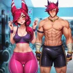 1girls abs ai ai_assisted ai_generated animal_ears blush boy bulge confused erection_under_clothing fit_female fit_male gym gym_clothing gym_shorts gym_topwear happy horny horny_female interested league_of_legends leggings muscular pink_hair prussia123 sett sexy sexy_body sexy_female sexy_male toned_body vastaya xayah