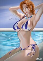 1girls 2d 2d_(artwork) 2d_artwork adult adult_female arm_behind_head armpit armpit_crease armpit_peek armpits arms_behind_head bare_armpits bare_arms bare_belly bare_chest bare_hands bare_hips bare_legs bare_midriff bare_navel bare_shoulders bare_skin bare_thighs belly belly_button big_breasts bikini bikini_bottom bikini_only bikini_top blue_bikini blue_bikini_bottom blue_bikini_top blue_sky blue_swimsuit blue_swimwear breasts busty busty_female busty_girl cleavage clouds collarbone curvaceous curvaceous_body curvaceous_female curvaceous_figure curvaceous_hips curvy curvy_body curvy_female curvy_figure curvy_hips day daylight daytime digital digital_art digital_drawing digital_drawing_(artwork) digital_media digital_media_(artwork) drawing earrings elbows exposed_armpits exposed_arms exposed_belly exposed_chest exposed_hips exposed_legs exposed_midriff exposed_navel exposed_shoulders exposed_skin exposed_thighs female female_focus female_only fingers fit_female ginger ginger_hair groin hairless_armpits halterneck hand_behind_head hands_behind_head high_resolution highres hourglass_figure inframammary_fold inguinal_crease inguinal_ligament large_boobs large_breasts lean_figure linea_alba looking_at_viewer mature mature_female midriff nami_(one_piece) narrow_waist navel necklace one_piece open_mouth orange-eyed_female orange-haired_female orange_eyebrows orange_eyes orange_hair orange_hair_female outdoor outdoors outside parted_bangs parted_lips pool poolside posing posing_for_the_viewer pre-timeskip shaved_armpits short_hair shoulders shueisha side-tie_bikini sitting skindentation sky slender_body slender_waist slim_female slim_waist solo stomach string_bikini striped_bikini striped_bikini_bottom striped_bikini_top striped_swimsuit striped_swimwear swimsuit swimwear tako_art thick_thighs thighs tongue upper_body upper_teeth wavy_hair white_bikini white_bikini_bottom white_bikini_top white_swimsuit white_swimwear wide_hips