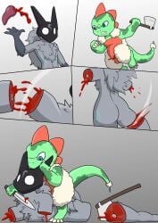 absurd_res amputee anthro axe blood bodily_fluids bovid bruhman33 caprine comic disability disembodied_leg disembodied_limbs disembodied_penis dismemberment duo female genitals gore hi_res hybrid kindred_(lol) knife lamb_(lol) league_of_legends lizard male male/female mammal oskar_(2ndvoice) penis quadruple_amputee reptile riot_games scalie sheep tail tencent