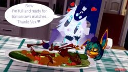 anthro apple apple_in_mouth bloated bone character_prepared_as_food cutlery death disembodied_head dolcett duo female female/female food foot_on_table forced fork fruit furniture hi_res holding_belly il00 kindred_(lol) kitchen_utensils knife lamb_(lol) league_of_legends nipples on_table pineapple_slice plant plate riot_games roasted skeleton speech_bubble table tencent tools vegetable vex_(lol)