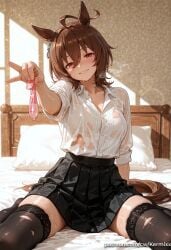 agnes_tachyon_(umamusume) ahoge ai_generated animal_ears bangs bed black_skirt black_thighhighs blush breasts brown_hair condom cum earrings female female_only hair_between_eyes holding holding_condom horse_ears horse_girl horse_tail indoors jewelry kermixx looking_at_viewer on_bed pillow pleated_skirt red_eyes shirt short_hair single_earring sitting skirt smile solo tail thighhighs torn_clothes torn_thighhighs umamusume used_condom wariza wet wet_clothes white_shirt