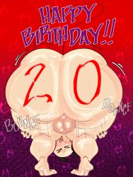 1boy :3 anus anus_hair balls bent_over big_anus big_thighs black_horns black_tail boba_(t_ouro) body_hair circular_head curvy_hips cute_face dark_anus demon demon_horns demon_tail femboy full_body hairy_anus huge_ass hyper_ass hyper_butt imp looking_at_viewer male original_character shortstack showing_ass t_ouro(artist) thick_thighs white_body