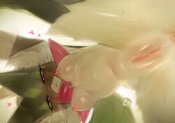 2026 3gs anthro biped blush breasts female fur generation_9_pokemon genitals green_body green_fur hi_res looking_at_viewer meowscarada nintendo nipples pokemon pokemon_(species) solo vulva