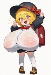 +_+ 1girls :d ai_generated arms_up bag black_bag black_hat black_skirt blonde_hair bow bowtie breasts brown_shoes buttons contrast_collar don_quixote_(limbus_company) female full_body grey_jacket hair_between_eyes hat hat_bow heart huge_breasts jacket kindergarten_uniform legs_up limbus_company long_sleeves looking_at_viewer nipples nipples_visible_through_clothing official_alternate_costume open_mouth project_moon pussy pussy_juice red_bow red_bowtie shoes short_hair shoulder_bag sidelocks simple_background skirt smile solo teeth underwear upper_teeth_only v white_background yellow_eyes