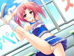 armpits arms_up blush boku_to_gonee_to_umi_no_year cheerleader dutch_angle female footwear game_cg leg_lift midriff nanami_mei no_panties pussy red_hair short_hair skirt socks solo tied_hair tomose_shunsaku twintails uncensored upskirt