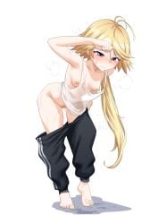 absurdres barefoot blonde_hair blush breasts character_request clothes_pull commentary commission copyright_request english_commentary female female_pubic_hair full_body highres kukiyuusha long_hair nipples pants pubic_hair purple_eyes pussy small_breasts solo sweat tank_top uncensored white_background white_tank_top