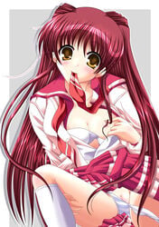 bra breasts cleavage clothing footwear kneehighs kousaka_tamaki medium_breasts mouth_hold nipples panties pussy red_hair school_uniform serafuku skirt socks stockings striped striped_panties thighhighs to_heart_(series) to_heart_2 uncensored underwear undressing white_kneehighs white_legwear yellow_eyes