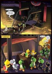 anthro ball_gag blind bondage bound castle castle_wall chastity_cage chastity_cage_only chastity_device chastity_device_only comic disability duo english_text erection feet foot_fetish foot_focus forced fur gag gagged generation_7_pokemon genitals group hi_res koopa latex legendary_pokemon male male/male mario_bros muscular nintendo nude open_mouth penis pokemon pokemon_(species) pricethecamel reptile scalie slave smile speech_bubble spikes submissive tail text tongue wearing_chastity_cage wearing_chastity_device yoshi zeraora
